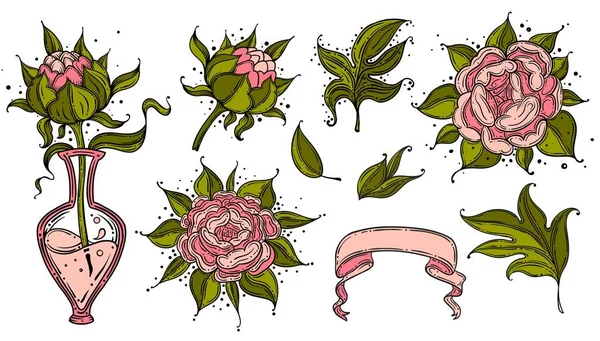 Sammlung von Hundsrose Blume und Blätter Zeichnung Illustration. für Muster, Logo, Vorlage, Banner, Plakate, Einladungs- und Grußkartendesign. — Stockvektor