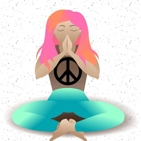 Yoga. Oración. Símbolo pacífico de paz. Mujer en posición de loto de meditación, vector ilustración plana. Relajación chica de dibujos animados sentado con las piernas cruzadas y los brazos cruzados, los ojos cerrados. Namaste. . — Archivo Imágenes Vectoriales