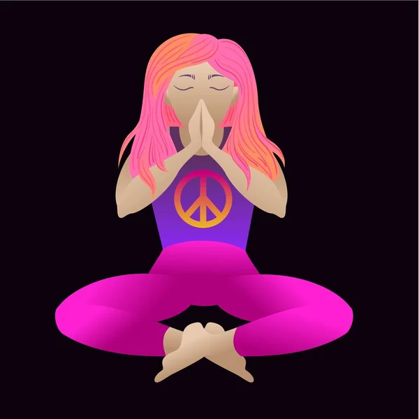 Yoga. Doa. Simbol perdamaian Pasifik. Wanita dalam posisi meditasi teratai, ilustrasi vektor datar. Gadis kartun santai duduk dengan kaki disilangkan dan lengan terlipat, mata tertutup. Namaste . - Stok Vektor