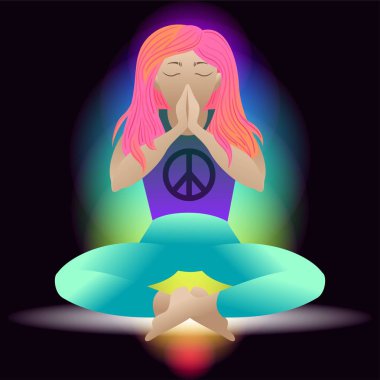 Yoga. Dua. Barışı Pasifik sembolü. Meditasyon Lotus pozisyonunda kadın, vektör düz Illustration. Dinlenmek karikatür kız bacaklar ile oturan geçti ve kollar katlanmış, gözleri kapalı. Namaste.