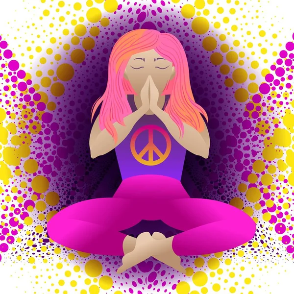 Yoga. Doa. Simbol perdamaian Pasifik. Wanita dalam posisi meditasi teratai, ilustrasi vektor datar. Gadis kartun santai duduk dengan kaki disilangkan dan lengan terlipat, mata tertutup. Namaste . - Stok Vektor