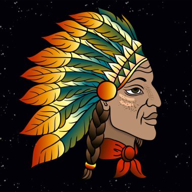 Kızılderili Şef adam. Siyah roach. Kızılderili tüy headdress kartal. El çizmek vektör çizim