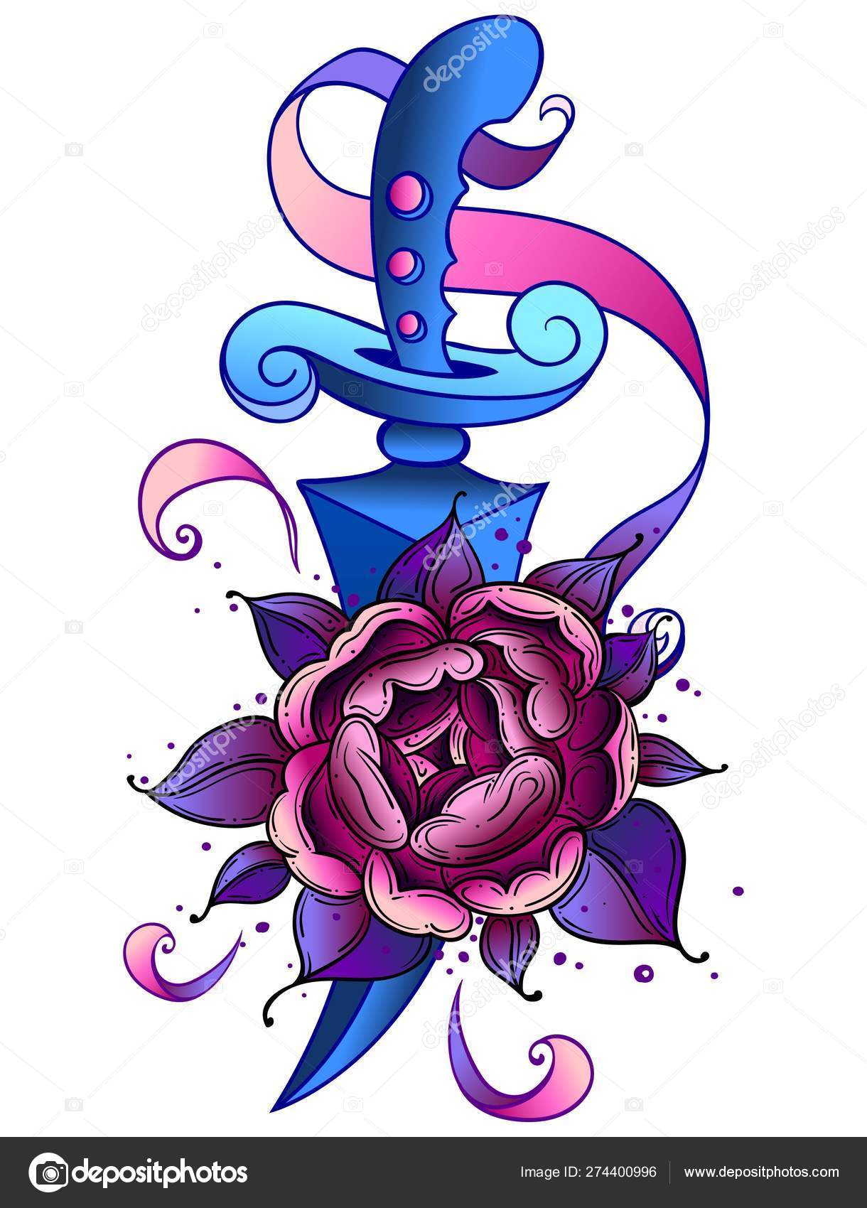Tatuagem tradicional com flores de rosa e faca de punhal. Tatuagem  colorida. Ilustração do vetor Arte da linha de tatuagem da velha escola.  Adequado para impressão de tatuagens de transferência e adesivos, image size:1220x1700