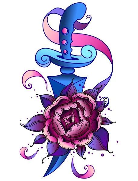 Tatouage traditionnel avec fleurs roses et couteau à poignard. Tatouage coloré.Illustration vectorielle Tatouage old school line art. Convient pour imprimer des tatouages et des autocollants de transfert — Image vectorielle