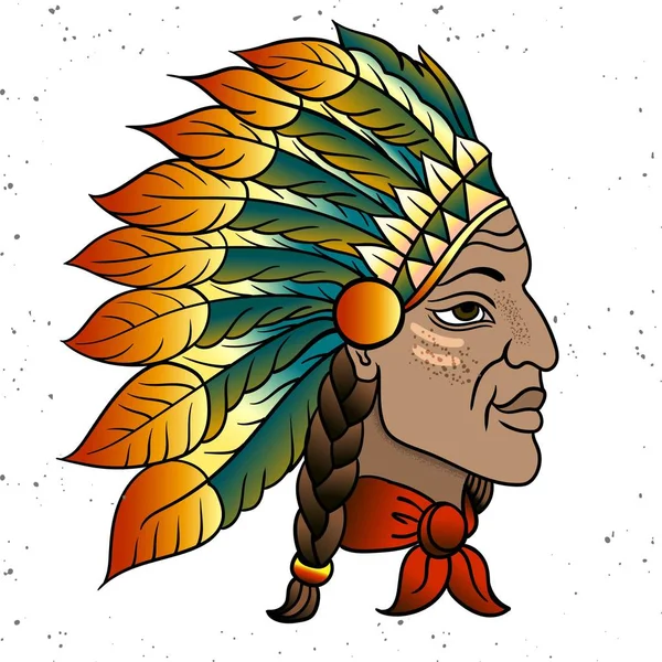 Hombre en el jefe indio nativo americano. Cucaracha negra. Tocado de plumas indias de águila. Dibujar a mano vector ilustración — Vector de stock