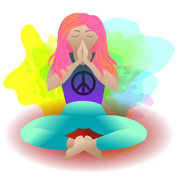 Yoga. Dua. Barışı Pasifik sembolü. Meditasyon Lotus pozisyonunda kadın, vektör düz Illustration. Dinlenmek karikatür kız bacaklar ile oturan geçti ve kollar katlanmış, gözleri kapalı. Namaste. — Stok Vektör