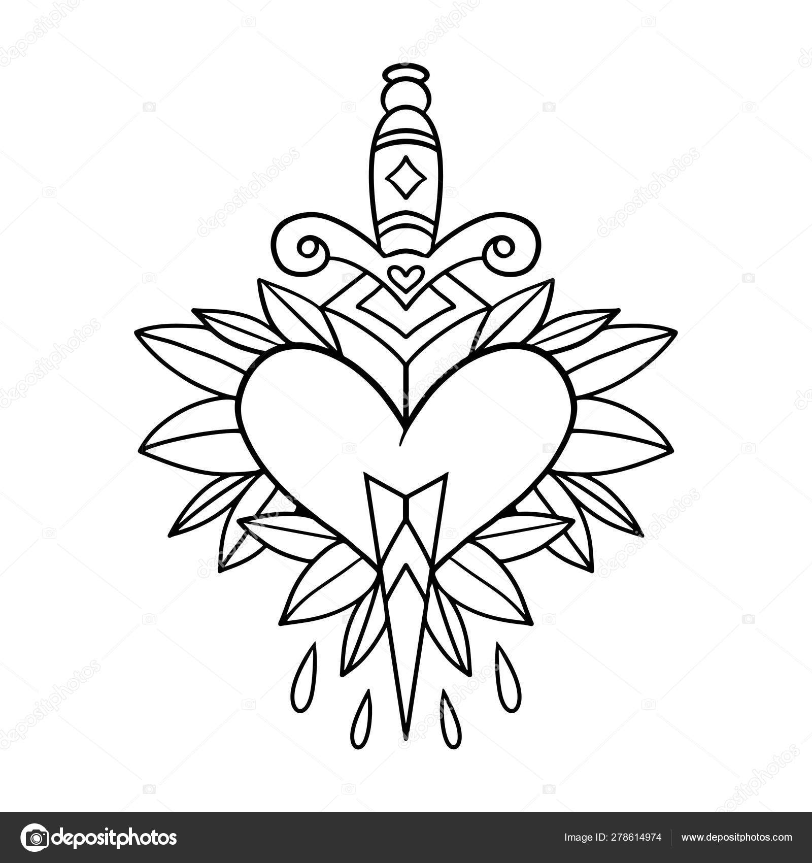 Punhal de tatuagem estilo old school através de um coração com folhas  verdes no fundo. Vetor editável Vetor de stock de ©shik-shik 278614974, image size:1600x1700