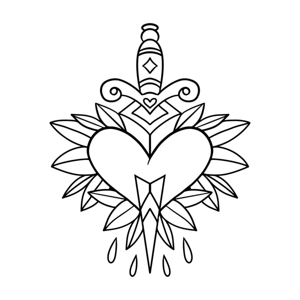 Old school style tattoo dagger through a heart with green leaves in the background. Editable vector — Stock Vector
