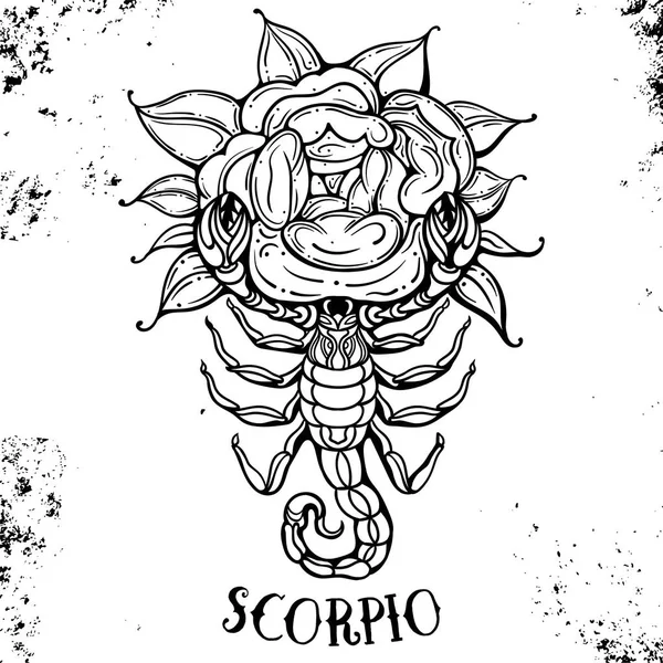 Hermosa línea de arte filigrana símbolo del zodiaco. Cartel negro sobre fondo vintage. Clipart vector.Elegante tatuaje de joyería. Escorpio — Archivo Imágenes Vectoriales