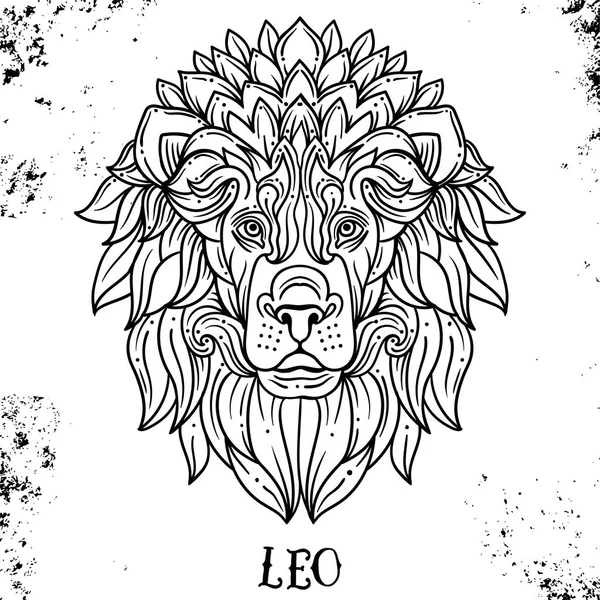 Mooie lijn Art filigraan symbool. Zwarte teken op vintage achtergrond. Elegante sieraden Tattoo. Gegraveerde Horoscoop symbool. Doodle Mystic tekening met kalligrafie belettering. Leo — Stockvector