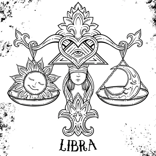 Hermosa línea de arte filigrana símbolo del zodiaco. Cartel negro sobre fondo vintage. Elegante tatuaje de joyería. Signo de horóscopo grabado. Dibujo místico Doodle con letras de caligrafía. Libra — Archivo Imágenes Vectoriales