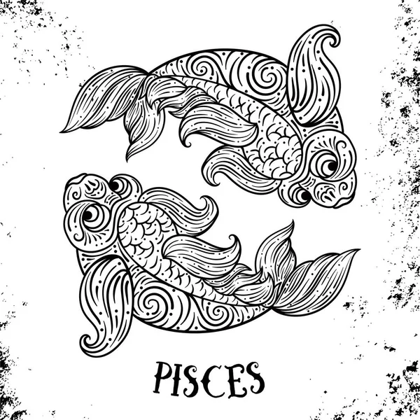 Belo símbolo de zodíaco de filigrana de arte de linha. Sinal preto no fundo do vintage. Jóias elegantes tatuagem.Gravado horóscopo sym.Doodle desenho místico com caligrafia lettering.Pisces —  Vetores de Stock