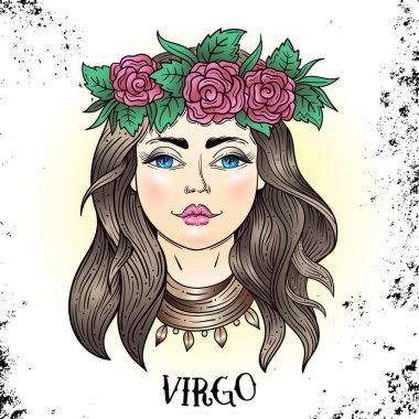 Vintage arka planda güzel çizgi sanat telkari Zodiac Sign. Zarif mücevher dövmesi. Kazınmış burç sembolü. Yazdırmak için çıkarılabilir geçici dövme Sticker vücut sanatı Multicolor. başak