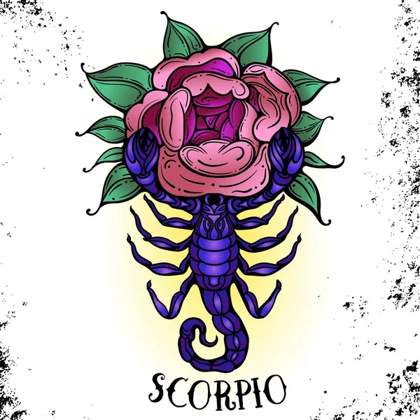 Hermosa línea de arte filigrana símbolo del zodiaco. Cartel negro sobre fondo vintage. Clipart vector.Elegante tatuaje de joyería. Escorpio — Archivo Imágenes Vectoriales