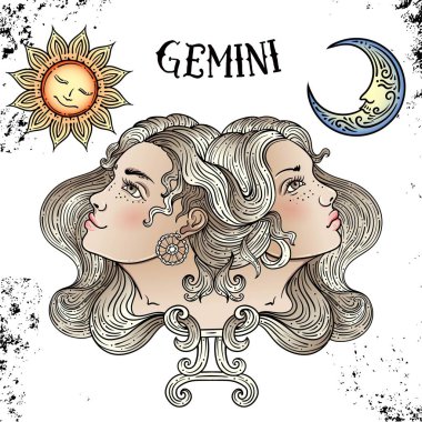 Vintage arka planda güzel çizgi sanat telkari Zodiac Sign. Zarif dövme. Kazınmış burç sembolü. Baskı için çıkarılabilir geçici dövme Sticker vücut sanatı Multicolor. Ikizler