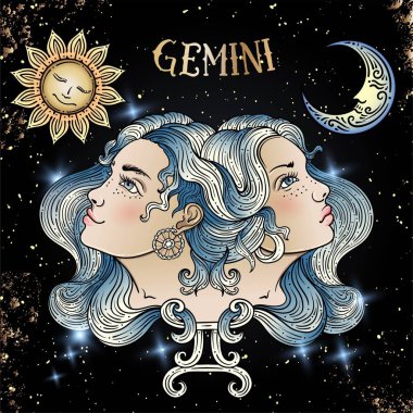 Vintage arka planda güzel çizgi sanat telkari Zodiac Sign. Zarif dövme. Kazınmış burç sembolü. Baskı için çıkarılabilir geçici dövme Sticker vücut sanatı Multicolor. Ikizler
