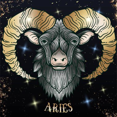 Güzel çizgi sanat telkari sembolü. Vintage arka planda siyah işareti. Zarif mücevher dövmesi. Kazınmış burç sembolü. Hat yazısı ile mistik çizim Doodle. Koç