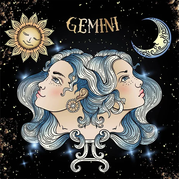 Signo zodiacal de filigrana de arte de línea hermosa sobre fondo vintage. Tatuaje elegante. Símbolo de horóscopo grabado. Para imprimir Pegatina de tatuaje temporal extraíble Body Art Multicolor.Gemini — Archivo Imágenes Vectoriales