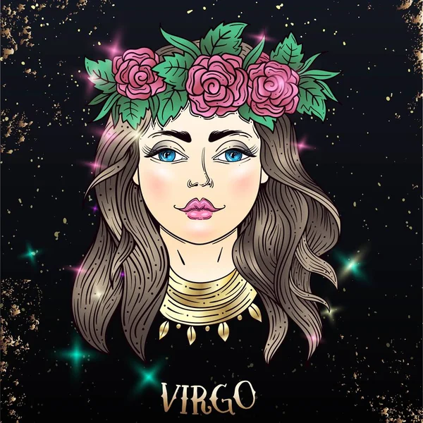 Mooie lijn Art filigraan sterrenbeeld op vintage achtergrond. Elegante sieraden Tattoo. Gegraveerde Horoscoop symbool. Voor het afdrukken van verwisselbare tatouage sticker body art Multicolor. virgo — Stockvector