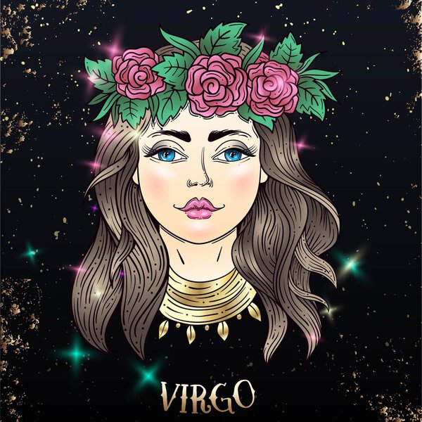 Beautiful line art filigree zodiac sign on vintage background.Elegant jewelry tattoo.Engraved horoscope symbol.For printing Removable Temporary Tattoo Sticker Body Art Multicolor.Virgo