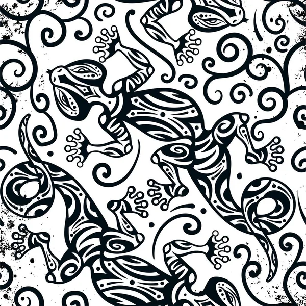 Vector vintage seamless ethnic pattern image lizards and lines, to be applied to any surface, can be used for a textile, coloring book, prints, phone case and card. Australian and Indian ornament — Stock Vector