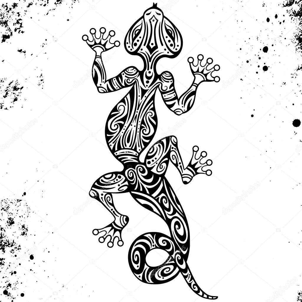 Vector drawing of a lizard or salamander with ethnic patterns of Aboriginal Australia.On the grange background.Image salamandy as a tattoo.polynesian pattern tattoo.Printing temporary transfer tattoos