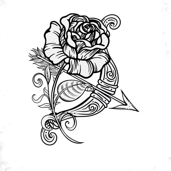 Magnifique flotteur monochrome rose noir et blanc isolé sur fond. Dessiné à la main. tatouage design, carte de vœux et invitation du mariage, anniversaire, Saint Valentin et autres vacances — Image vectorielle