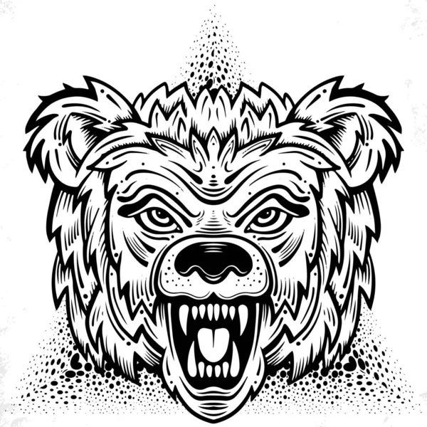 Urso rugindo vetor desenhado à mão. Desenho de t-shirt. Grizzly selvagem, ilustração cabeça de animal zangado —  Vetores de Stock