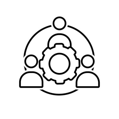 Takım çalışması ikonu. Yönetimden. Ortasında teçhizatla toplanan üç insan silueti. Takım, büyüme analizi. Tasarım biçimi.