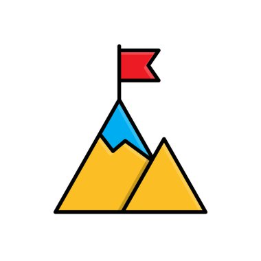 Motivasyon simgesi. Yönetimden. İki dağ ve tepesinde bir bayrak. Rapor ve web simgeleri için uygun. Ofis, ekip, analiz. Isometric tasarım biçimi.