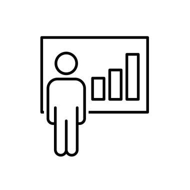 Eğitim ikonu. Yönetim. Tahtada grafiği olan kişi. Ofis, Ekip, analiz. Tasarım biçimi