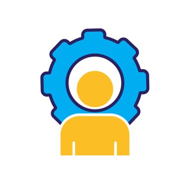 Kaynak simgeleri. Yönetimden. Arkasında vites olan bir insan silueti. Ofis, takım, analiz. düz tasarım biçimi.