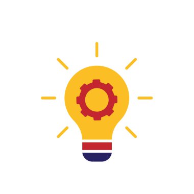 Yenilik simgesi. Yönetimden. Ortasında vites olan bir ampul. Ofis, takım, analiz. düz tasarım biçimi.