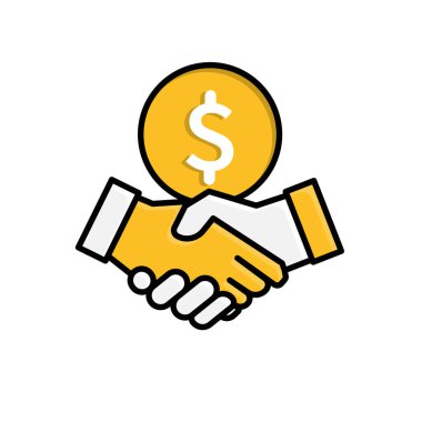 İşbirliği simgesi. Yönetimden. Tokalaşma ve bir dolar işareti yukarıda. Ofis, çözümler, analiz. Isometric tasarım biçimi.