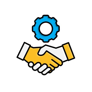 İşbirliği simgesi. Yönetimden. Yukarıdaki dişlilerle el sıkışıyoruz. Ofis, çözümler, analiz. Isometric tasarım biçimi.