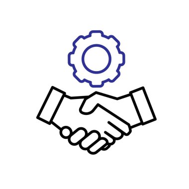 İşbirliği simgesi. Yönetimden. Yukarıdaki dişlilerle el sıkışıyoruz. Ofis, çözümler, analiz. özet tasarım biçimi.