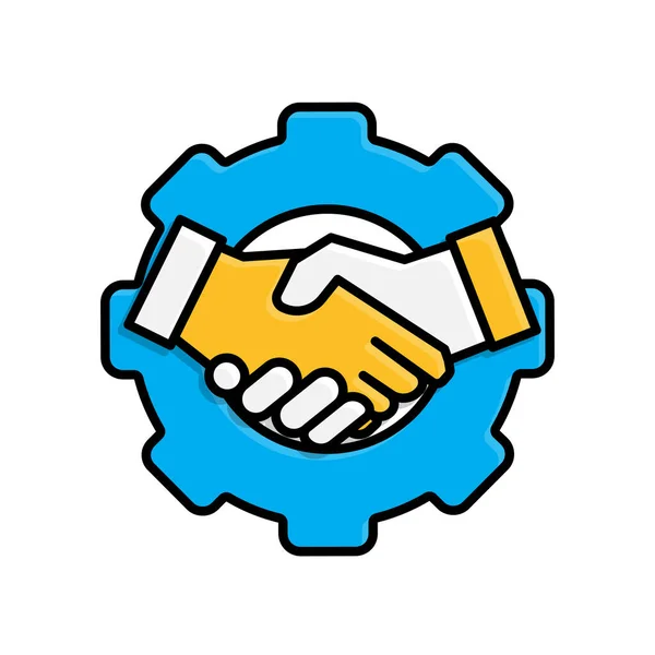 İşbirliği simgesi. Yönetimden. Arkalarında viteslerle el sıkışıyorlar. Ofis, çözümler, analiz. Isometric tasarım biçimi.