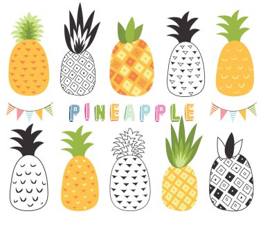 Tropikal ananas Set - tropikal ananas ayarla bir vektör çizim. Mükemmel tatil, kutlama, tebrik kartı, ambalaj ve çok daha fazlası için.