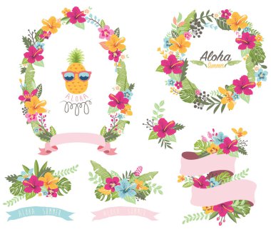 Yaz çiçek çelenk - A vektör çizim yaz çiçek çelenk. Düğün için mükemmel, tropicana, aloha, tatil, tropikal, yaz, aşk, kutlama, tebrik kartı, ambalaj ve daha birçok.