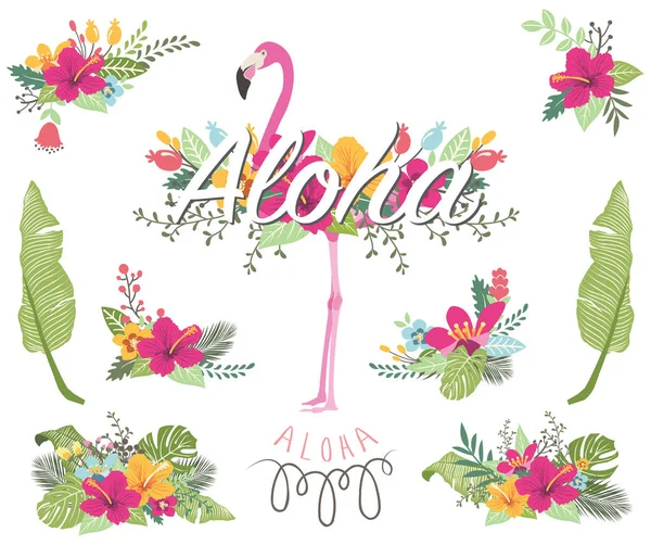 花フラミンゴ コレクション 花フラミンゴ コレクションのベクトル図です 完璧な結婚式のため トロピカーナ アロハ お祝い グリーティング カード — ストックベクタ