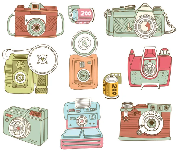 Retro Hand Drawn Camera Designelementen — Stockvector