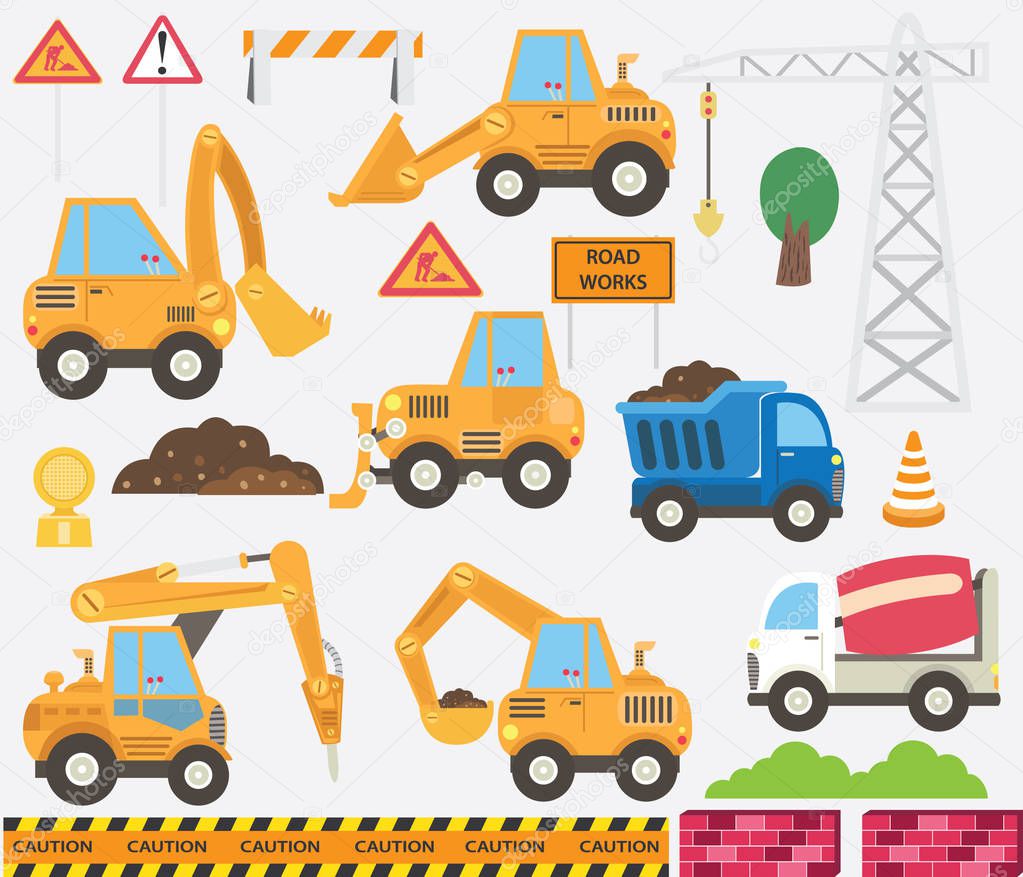 Cute Construction Transportation Set. Perfect for invitations, blog, web design, graphic design,embroidery, scrapbooking, scrapbook elements, papers, card making, stationery, paper crafts and so much more!