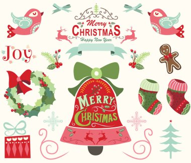 Mutlu Noeller öğeleri. Neşeli Noel öğeleri vektör Illustration. Davet, web tasarımı, scrapbooking, kağıtları, kart yapımı, ileti örneği, kartı ve daha birçok için mükemmel.