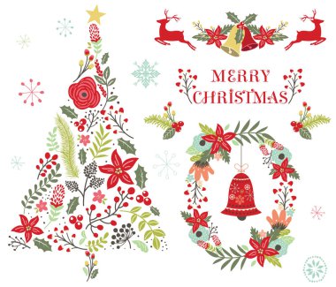 Çiçek Noel ağacı süsleme. Çiçek Noel ağacı süsleme vektör Illustration. Davet, web tasarımı, scrapbooking, kağıtları, kart yapımı, ileti örneği, kartı ve daha birçok için mükemmel.