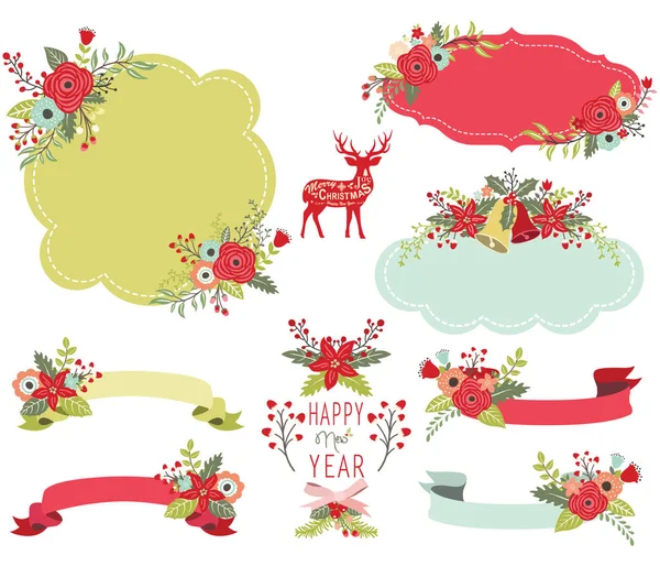 Virágos Karácsonyi Keret Elemei Egy Vektoros Illusztráció Virágos Karácsonyi Keret — Stock Vector