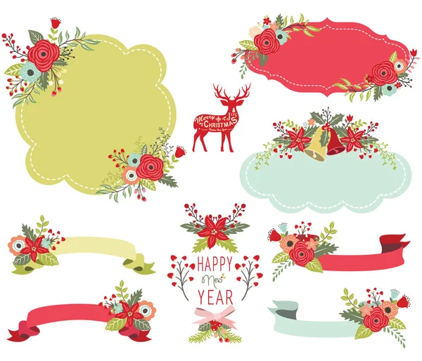 Florale Kerst Frame Elementen Een Vectorillustratie Florale Kerst Frame Elementen — Stockvector