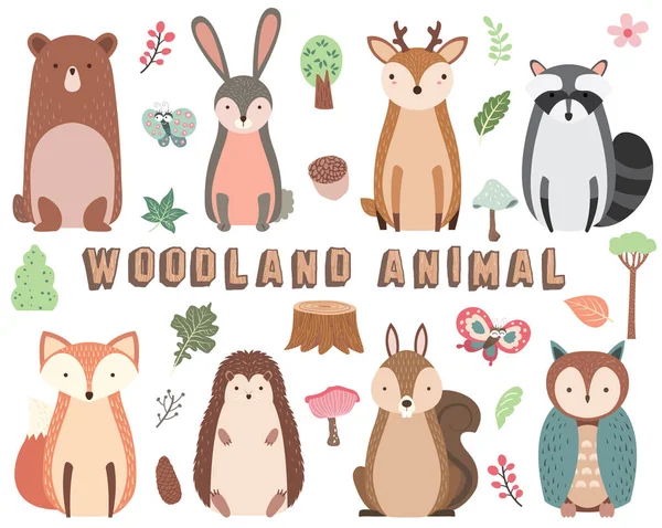 Ensemble Éléments Animaux Des Bois — Image vectorielle