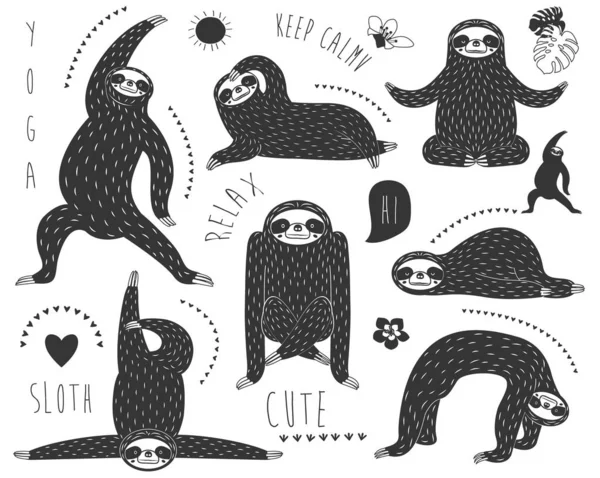 Doodle Sloth Bear Yoga Pose Kollektionen — Stockvektor