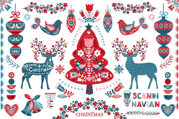 Scandinavian Christmas Folk Art Design Elements — Stock Vector