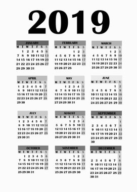 Takvim 2019 için basit tasarımı.